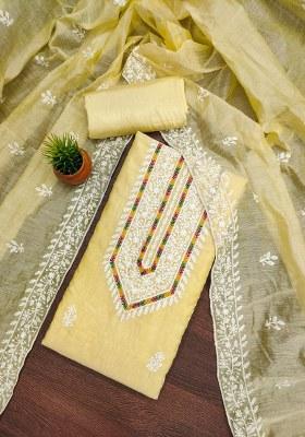 Yellow Embroidered Cotton Blend Dress Material