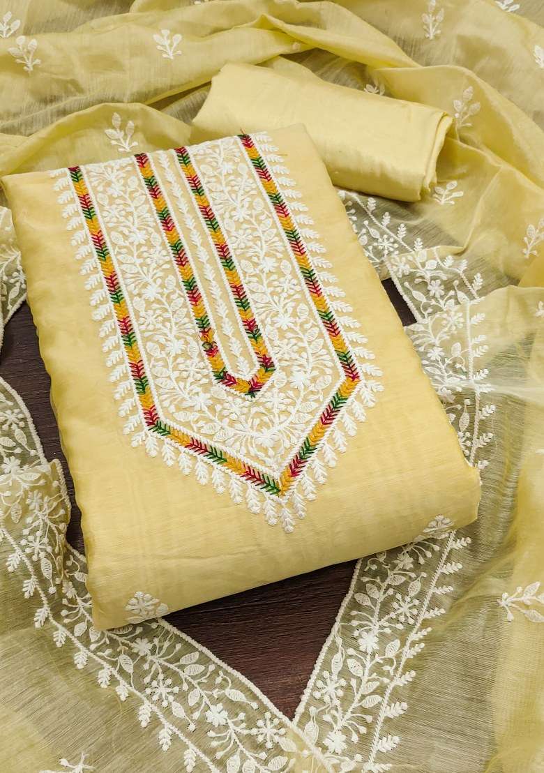 Yellow Chikankari Blended Straight Kurta Set - Indya
