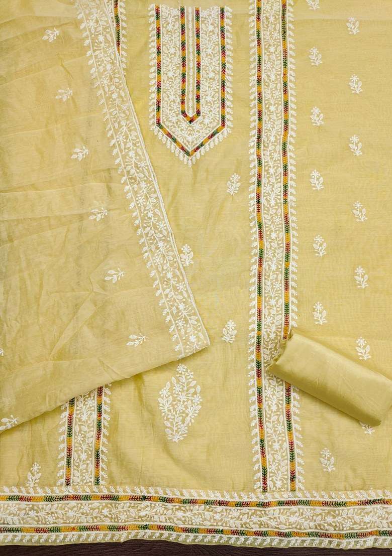 Yellow Chikankari Blended Straight Kurta Set - Indya