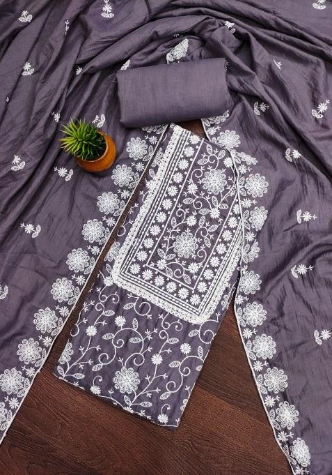 Grey Embroidered Silk Dress Material