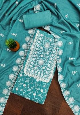 Sea Green Embroidered Silk Dress Material