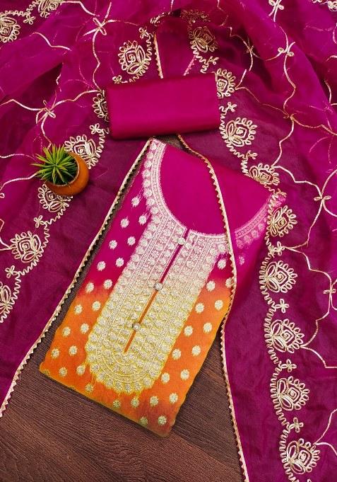 Multicolor Embroidered Oragnza Dress Material