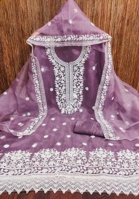 Lavender Embroidered Oragnza Dress Material