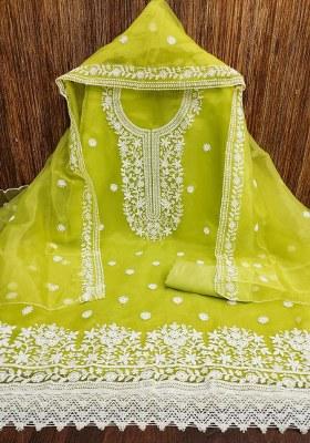 Light Green Embroidered Oragnza Dress Material