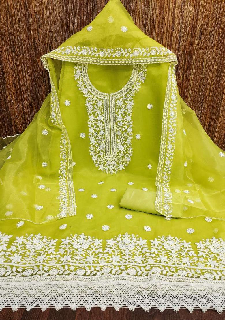 Light Green Chikankari Organza Straight Kurta Set - Indya