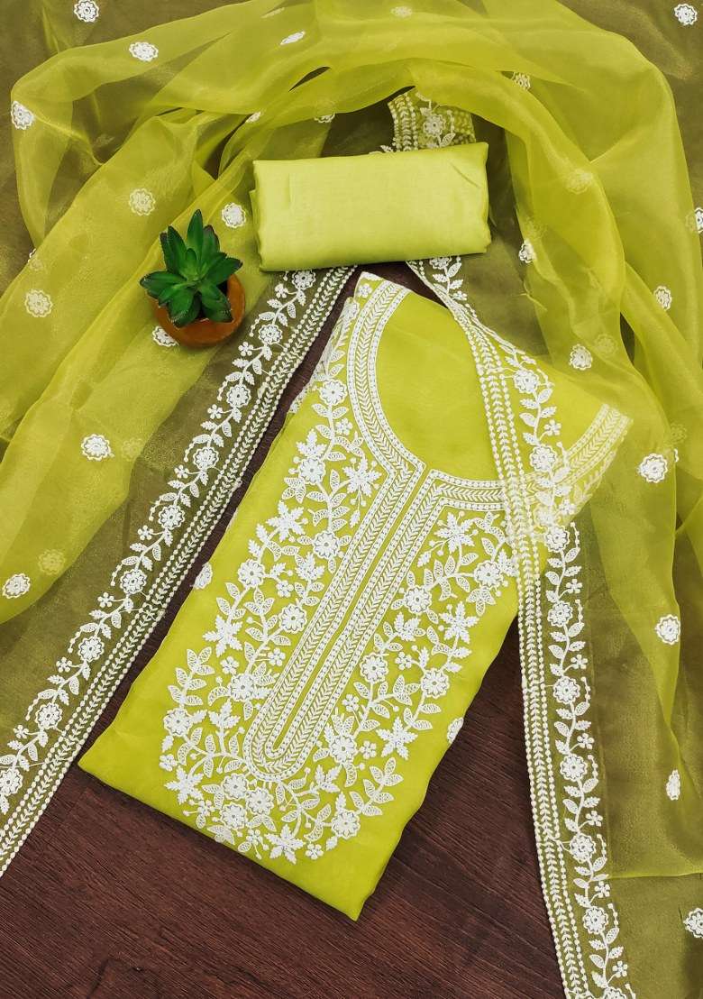 Light Green Chikankari Organza Straight Kurta Set - Indya