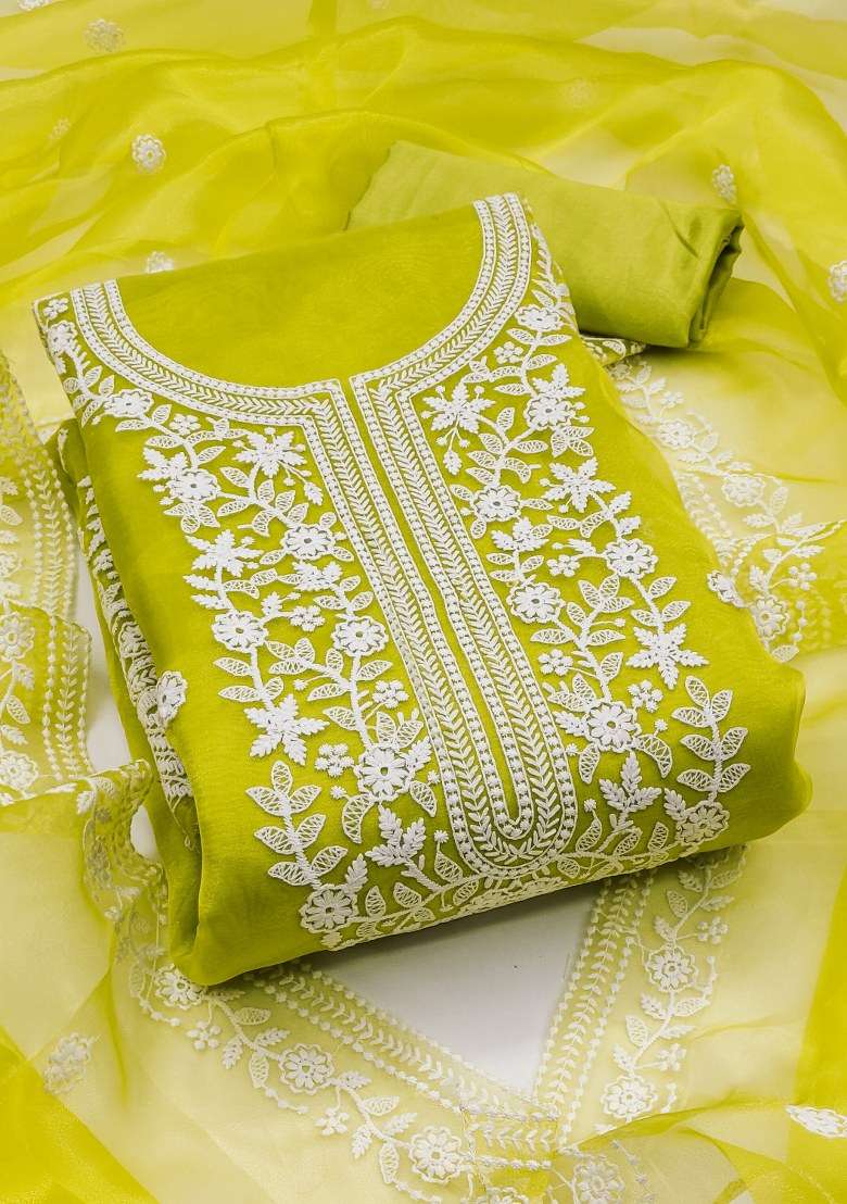Light Green Chikankari Organza Straight Kurta Set - Indya