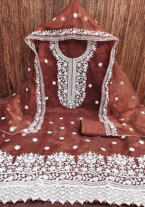 Rust Embroidered Oragnza Dress Material