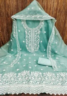 Sea Green Embroidered Oragnza Dress Material