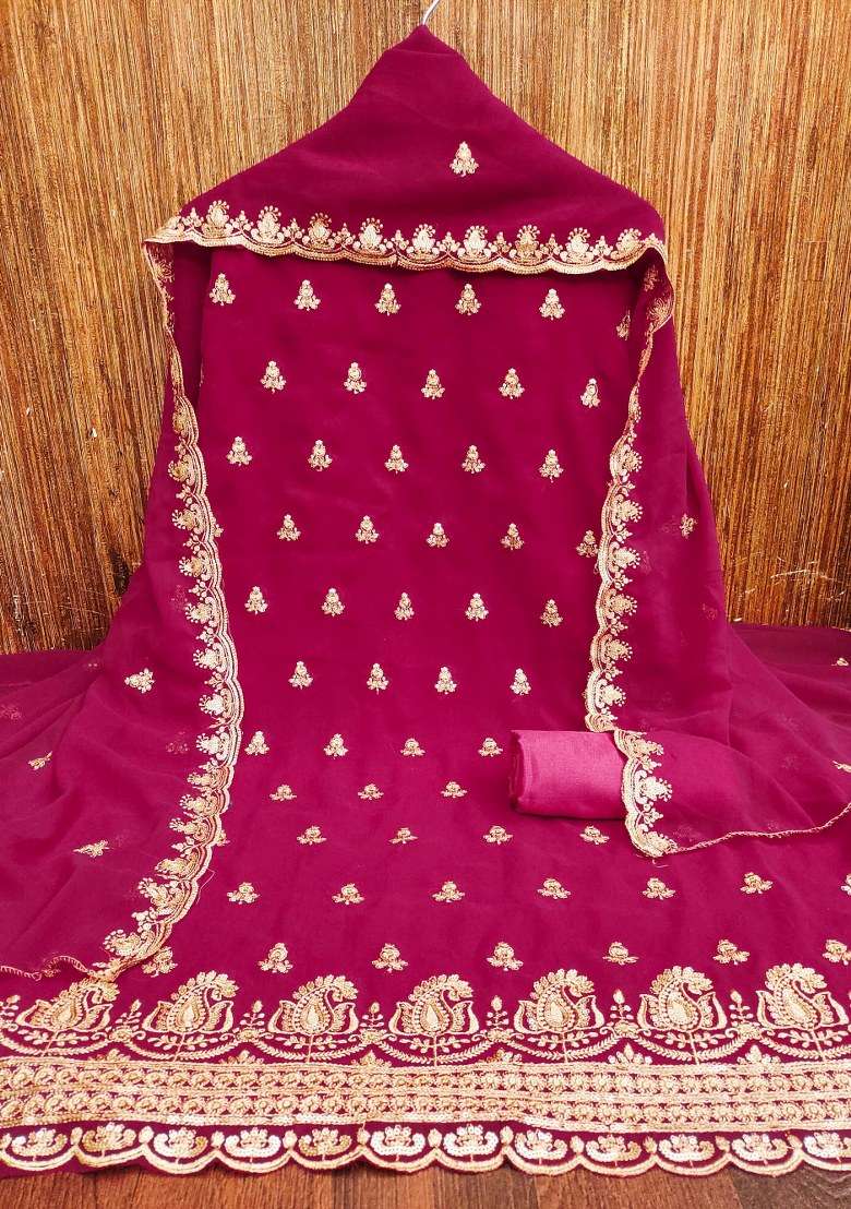 Pink Embroidered Georgette Dress Material - Indya