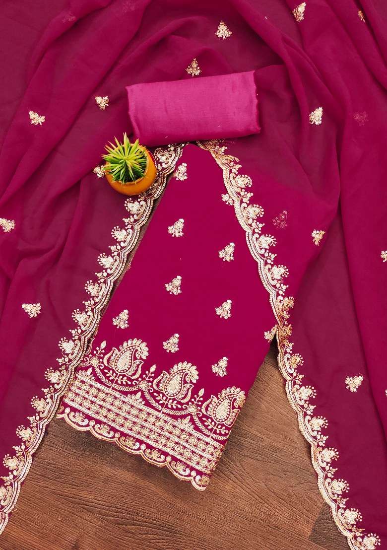 Pink Embroidered Georgette Dress Material - Indya