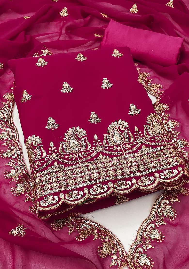 Pink Embroidered Georgette Dress Material - Indya