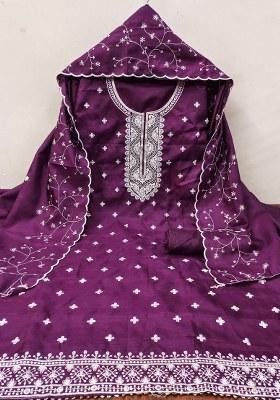 Purple Embroidered Cotton Blend Dress Material
