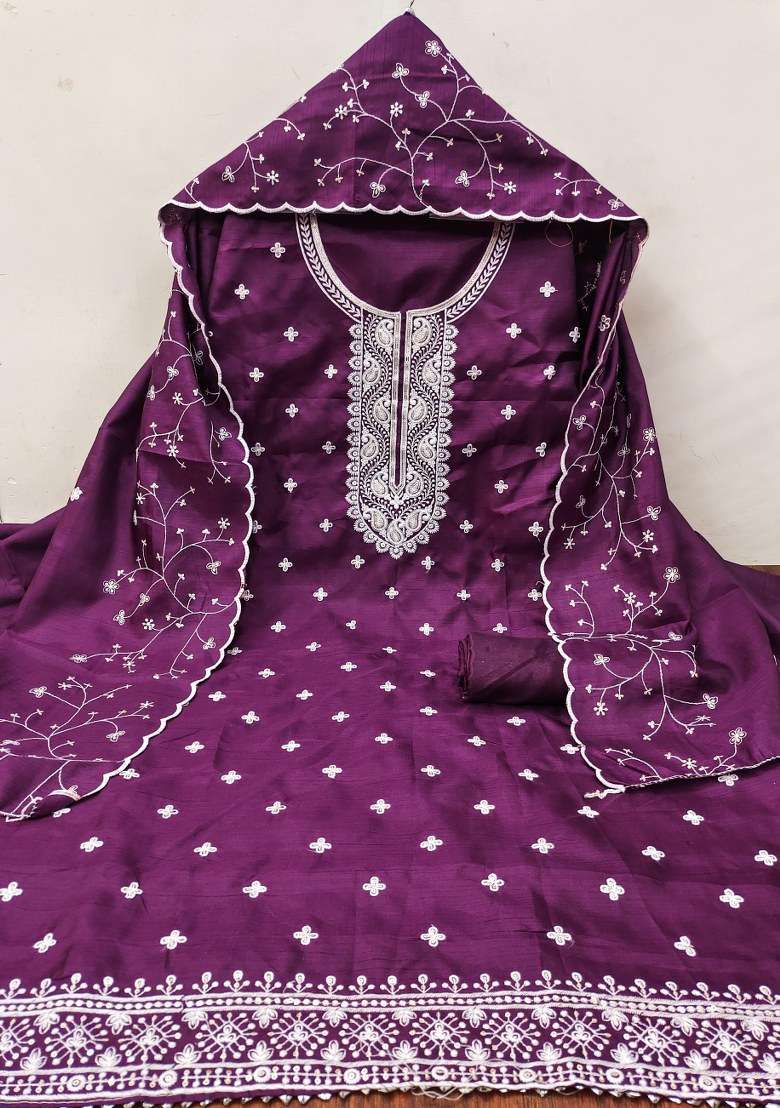 Purple Embroidered Cotton Blend Dress Material - Indya