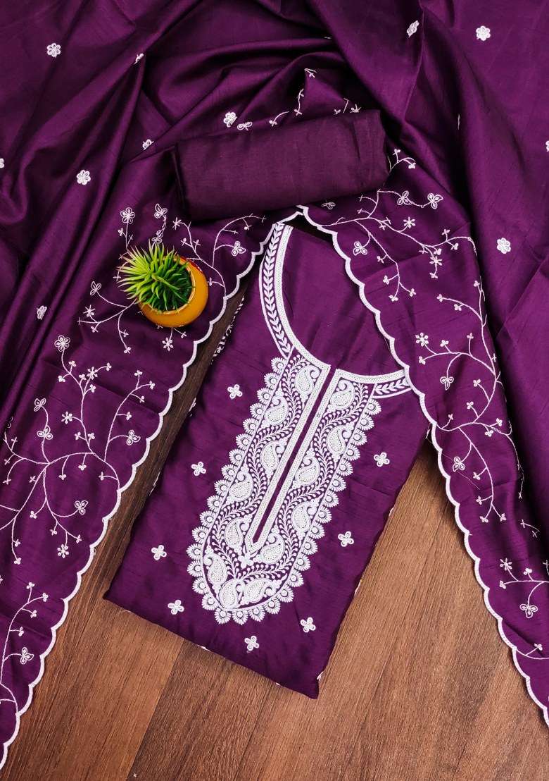 Purple Embroidered Cotton Blend Dress Material - Indya