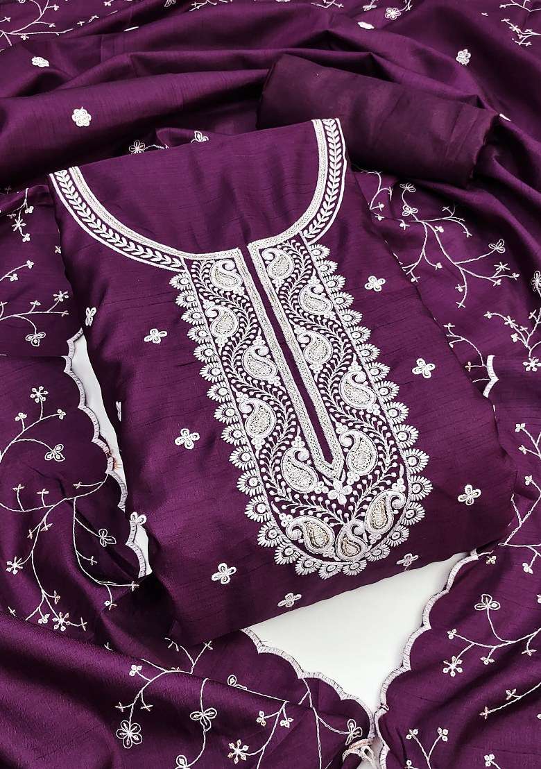 Purple Embroidered Cotton Blend Dress Material - Indya