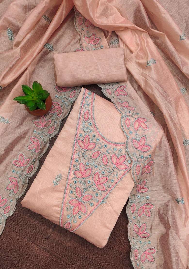 Beige Embroidered Blended Straight Kurta Set - Indya