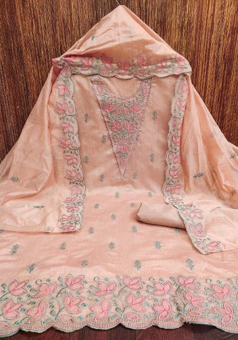 Beige Embroidered Cotton Blend Dress Material