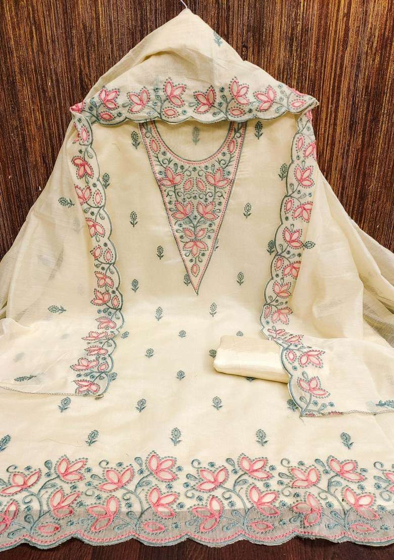 Cream Embroidered Blended Straight Kurta Set - Indya
