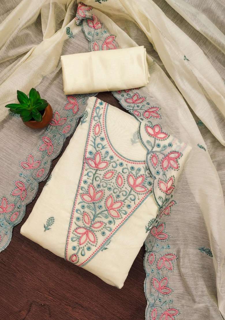 Cream Embroidered Blended Straight Kurta Set - Indya