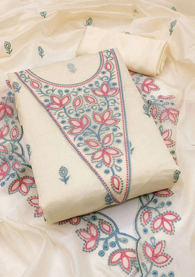 Cream Embroidered Blended Straight Kurta Set - Indya