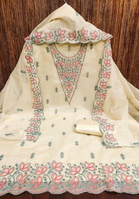 Cream Embroidered Cotton Blend Dress Material