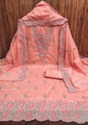 Peach Embroidered Cotton Blend Dress Material