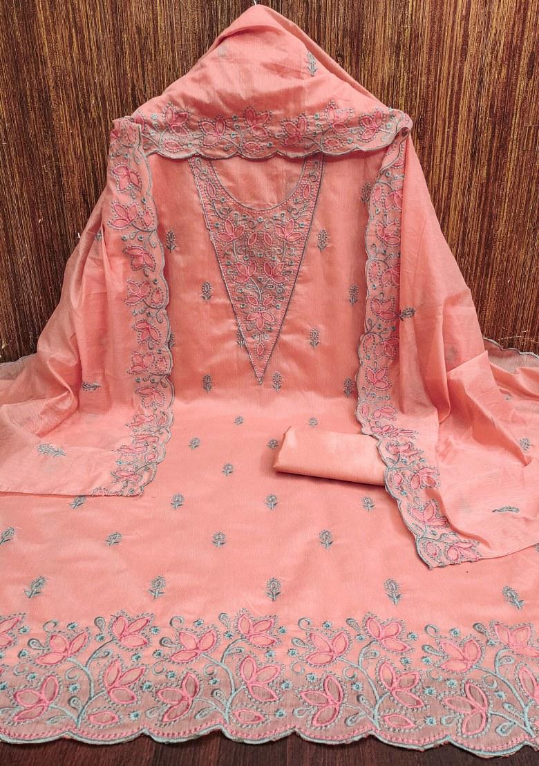 Peach Embroidered Cotton Blend Dress Material