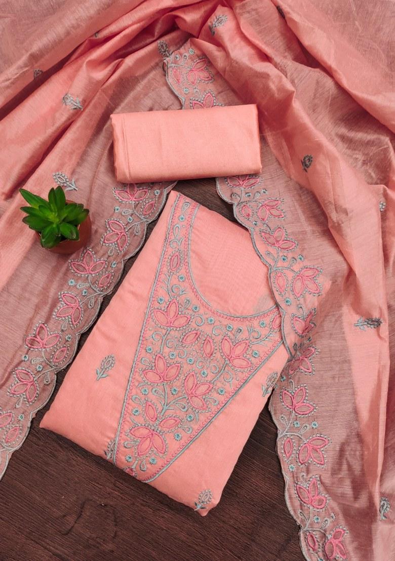Peach Embroidered Cotton Blend Dress Material