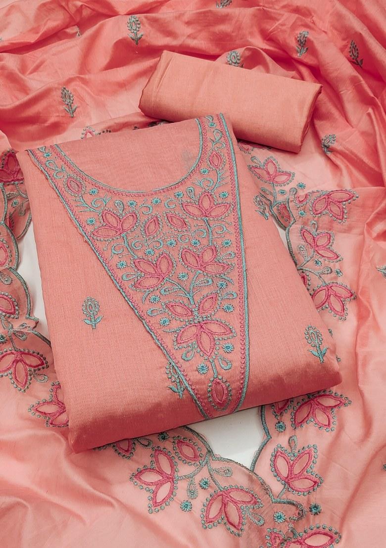 Peach Embroidered Cotton Blend Dress Material