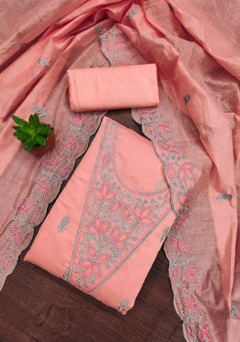 Peach Embroidered Cotton Blend Dress Material