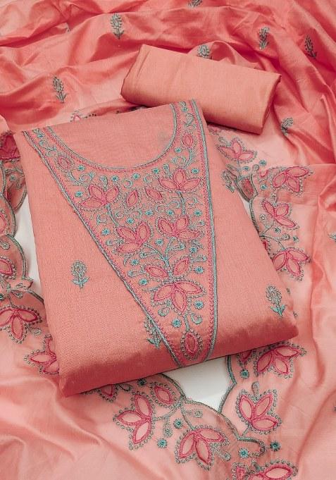 Peach Embroidered Cotton Blend Dress Material