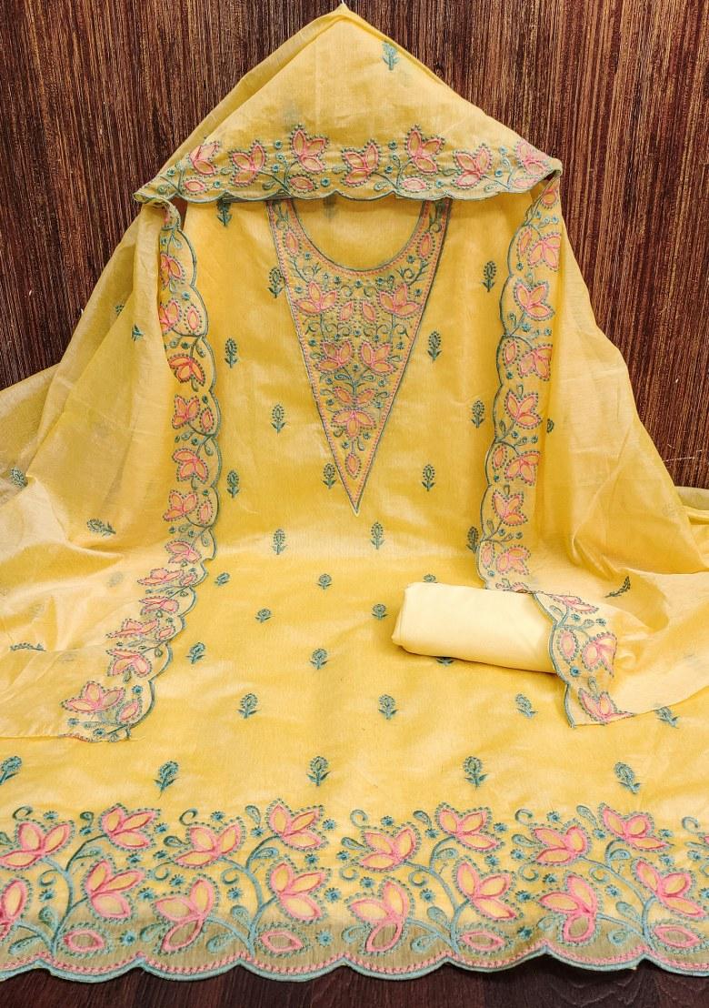 Yellow Embroidered Cotton Blend Dress Material