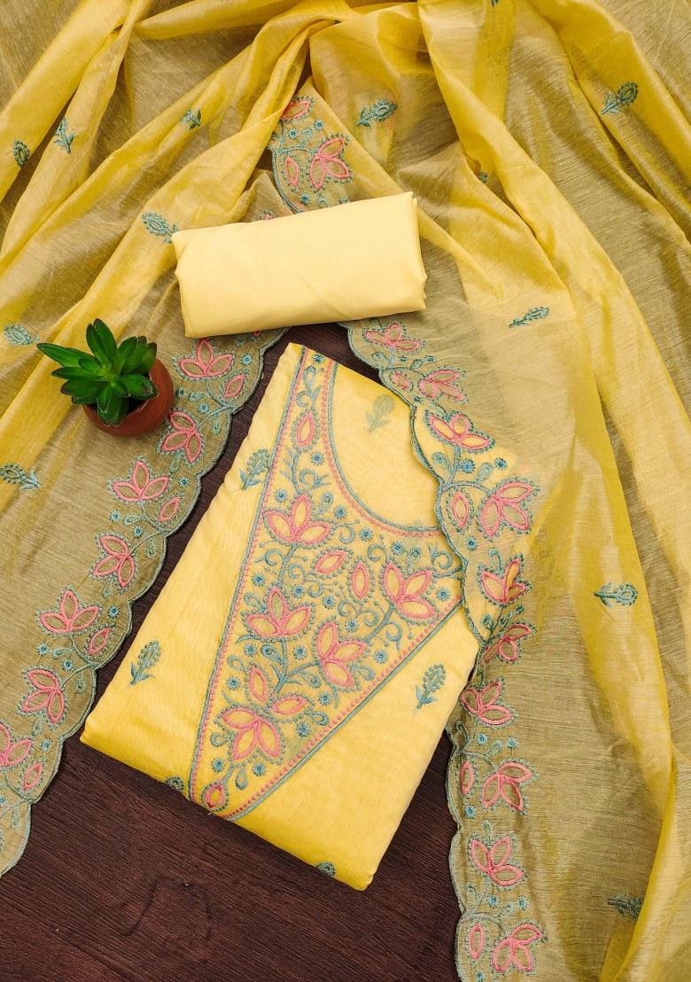 Yellow Embroidered Cotton Blend Dress Material