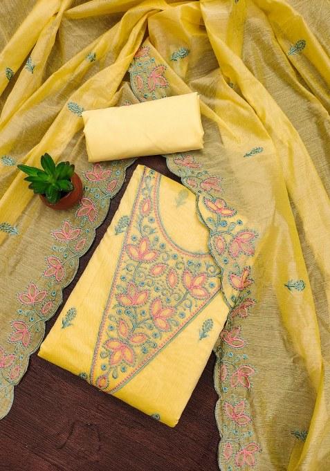Yellow Embroidered Cotton Blend Dress Material