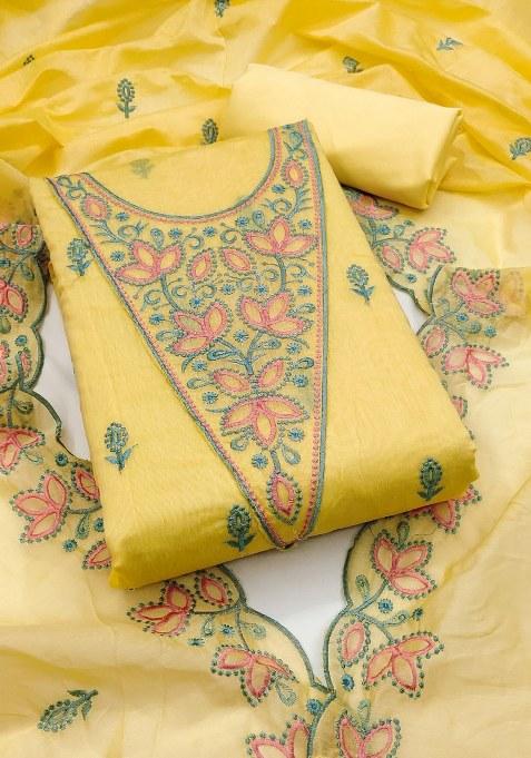Yellow Embroidered Cotton Blend Dress Material
