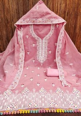 Baby Pink Embroidered Cotton Blend Dress Material