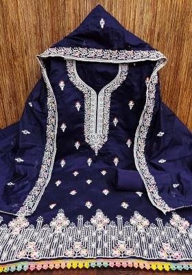 Navy Blue Embroidered Cotton Blend Dress Material