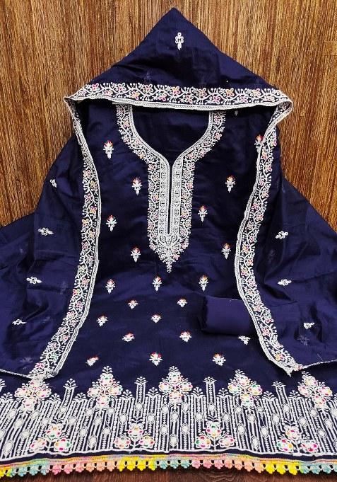 Navy Blue Embroidered Cotton Straight Kurta Set