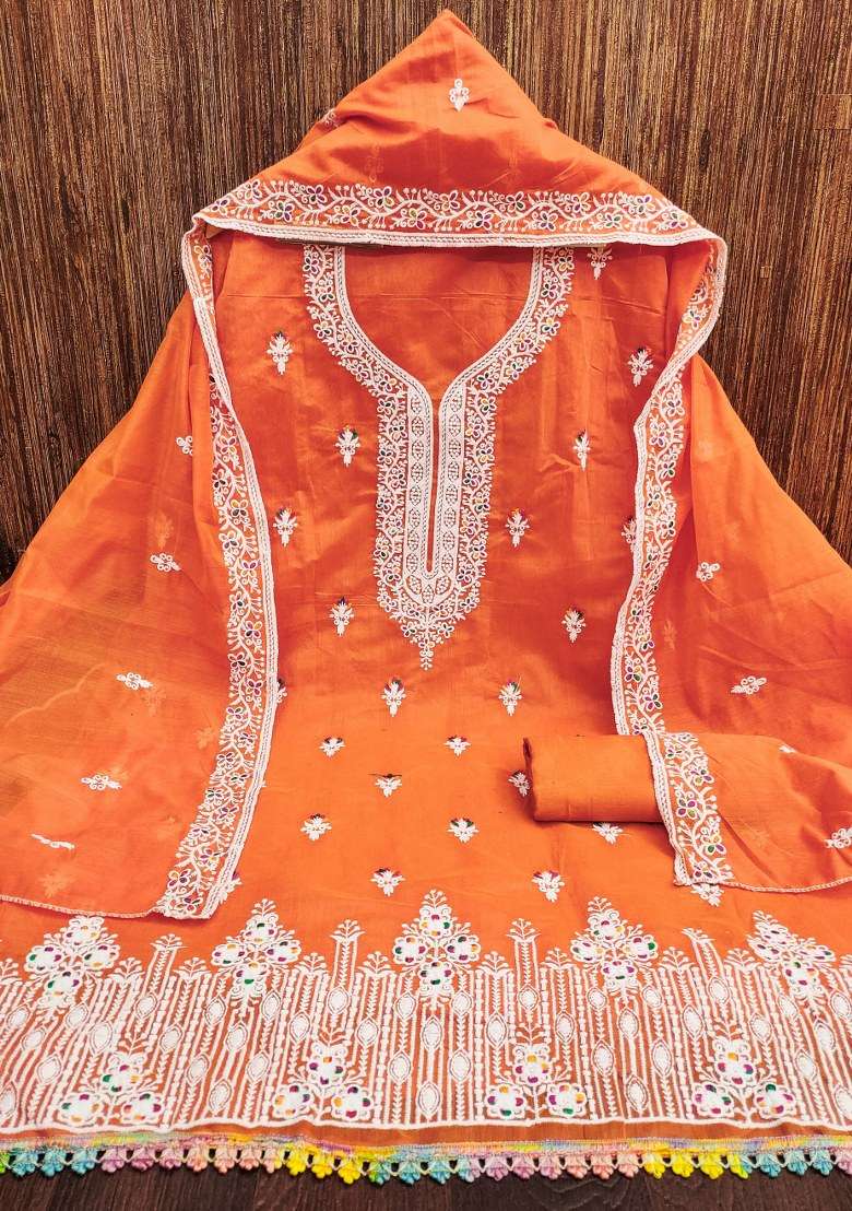 Orange Chikankari Blended Punjabi Suit - Indya