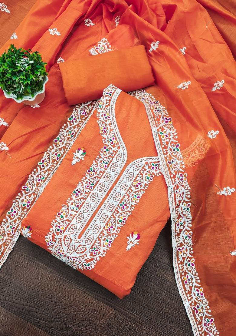 Orange Chikankari Blended Punjabi Suit - Indya