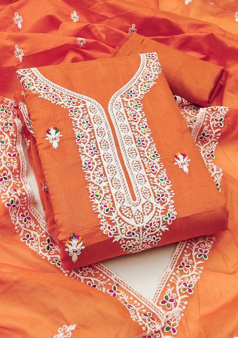 Orange Chikankari Blended Punjabi Suit - Indya