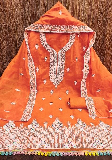 Orange Embroidered Cotton Blend Dress Material