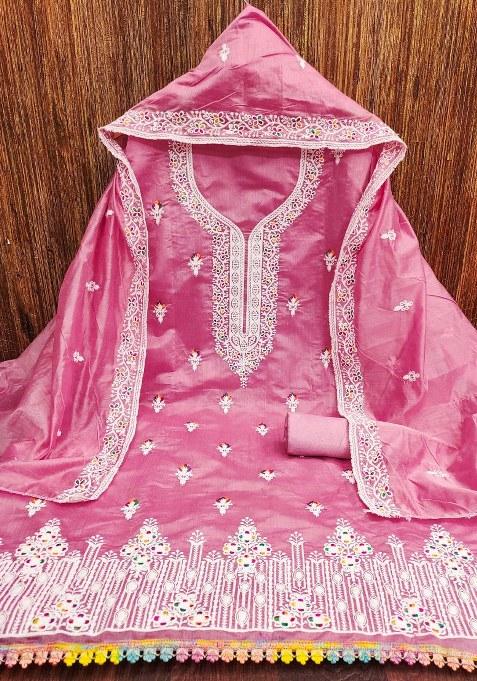 Pink Embroidered Blended Straight Kurta Set