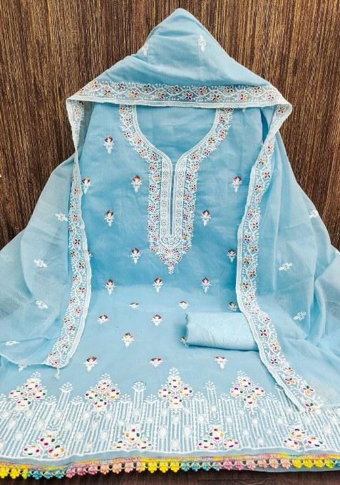 Sky Blue Embroidered Cotton Pakistani Suit Set
