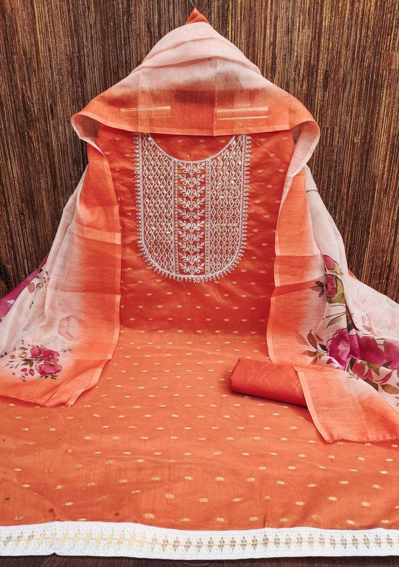 Orange Embroidered Blended Punjabi Suit - Indya
