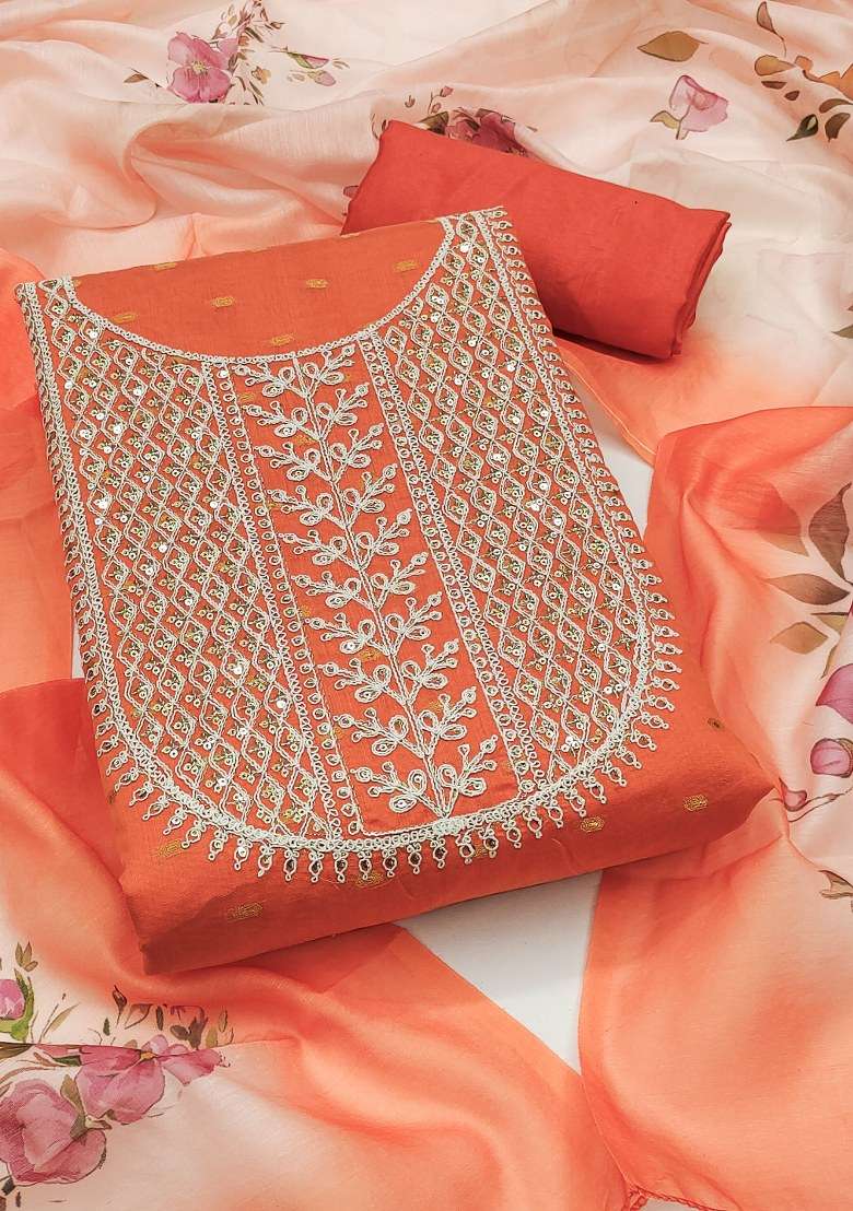 Orange Embroidered Blended Punjabi Suit - Indya