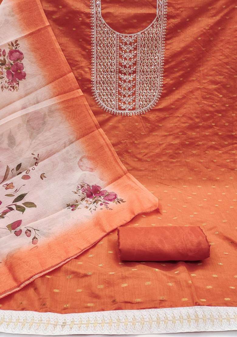 Orange Embroidered Blended Punjabi Suit - Indya