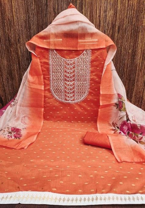Orange Embroidered Cotton Blend Dress Material