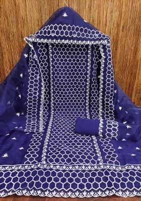 Blue Embroidered Oragnza Dress Material